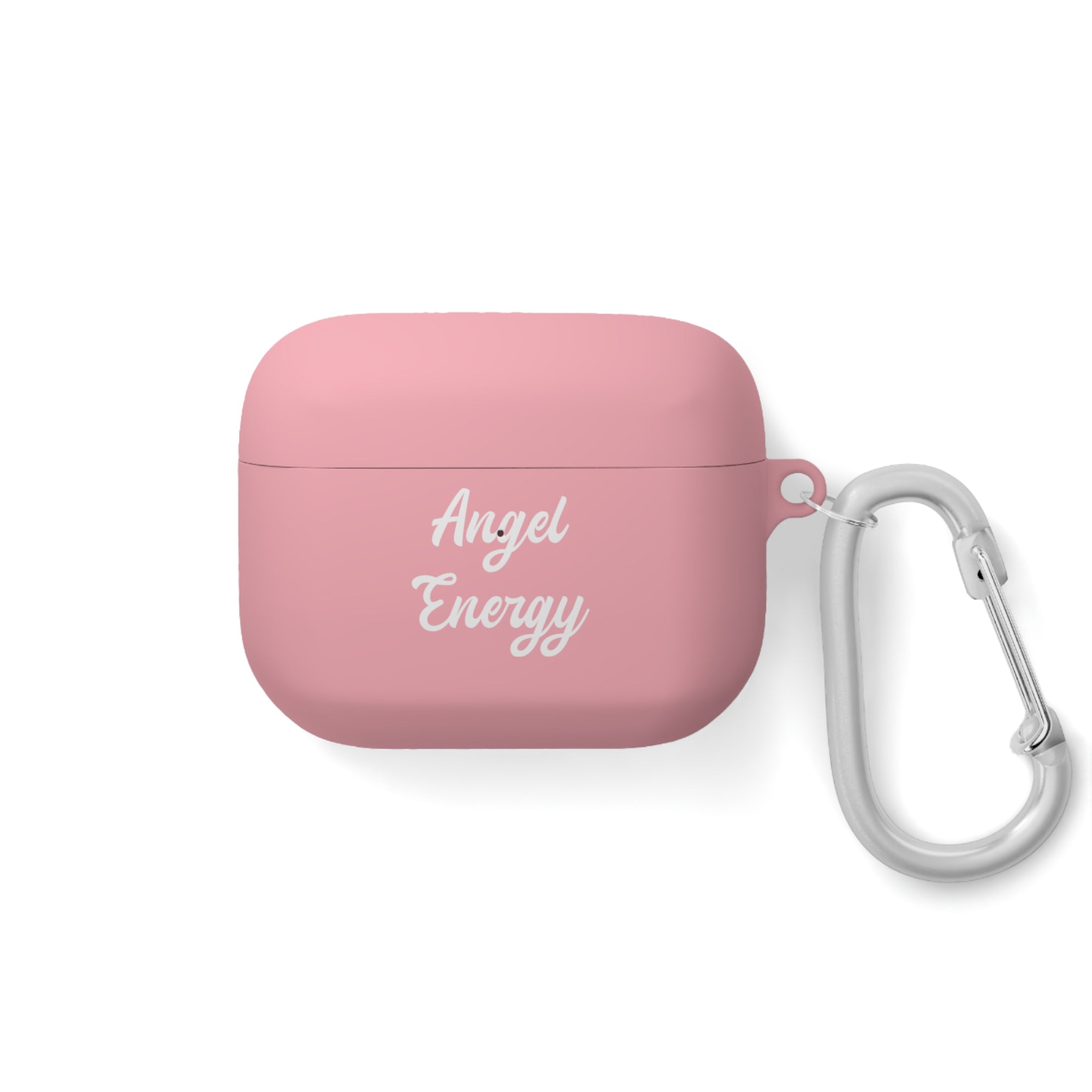 Pink case with 'Angel Energy' text and carabiner on a white background