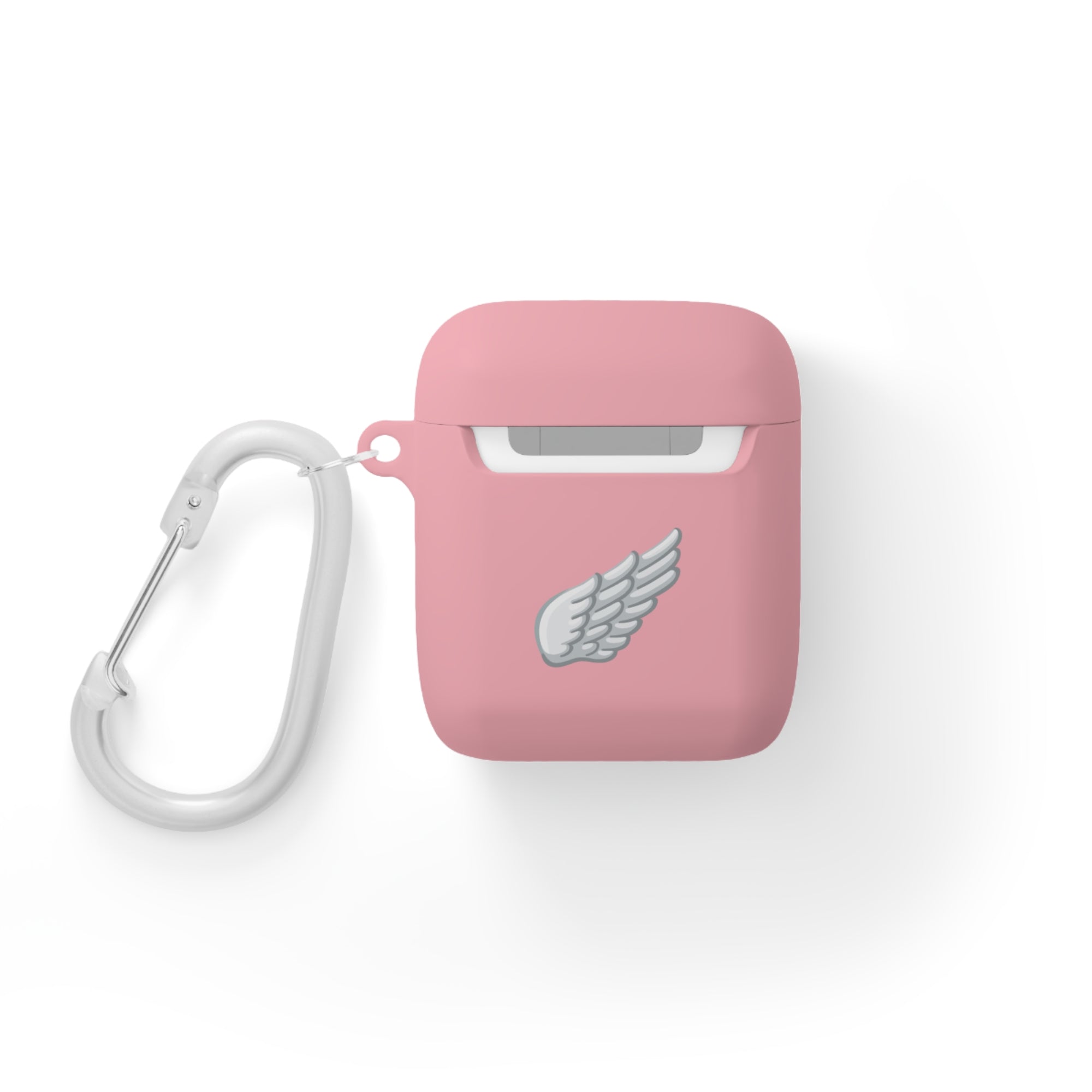 Pink air pod case with a carabiner and wing emblem on a white background