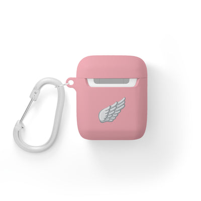 Pink air pod case with a carabiner and wing emblem on a white background