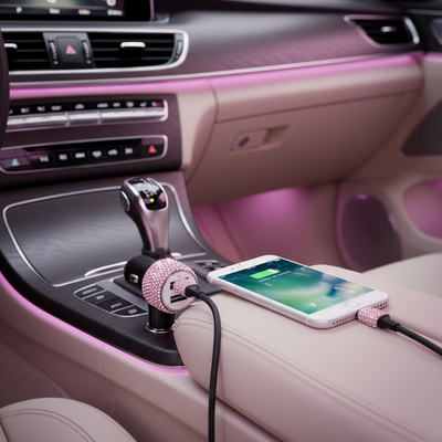 Bling dual USB car charger with hot pink rhinestone aesthetic design | ChicPlates